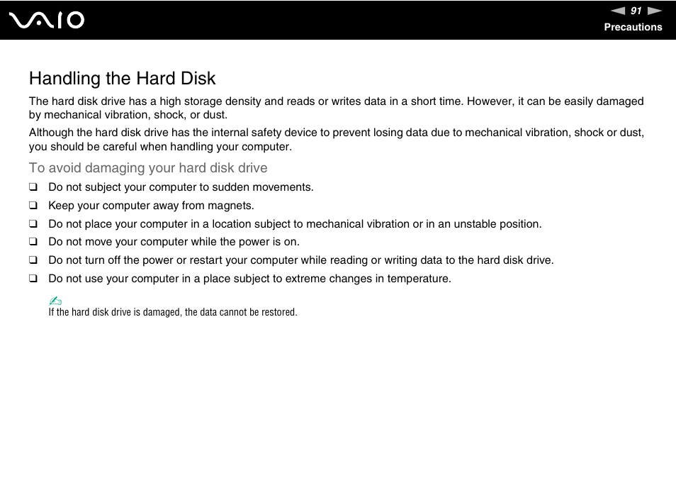 Handling the hard disk | Sony VAIO VGC-JS100 User Manual | Page 91 / 146