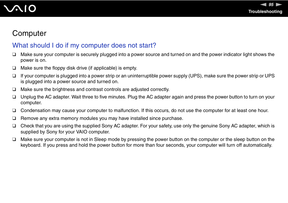 Computer, What should i do if my computer does not start | Sony VAIO VGC-JS100 User Manual | Page 95 / 146