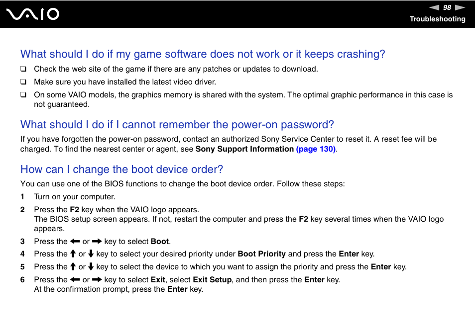 How can i change the boot device order | Sony VAIO VGC-JS100 User Manual | Page 98 / 146