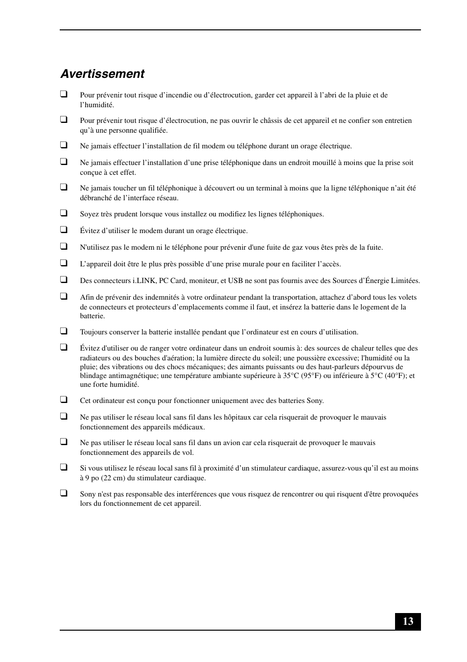 Avertissement | Sony VGN-FJ300 User Manual | Page 13 / 24