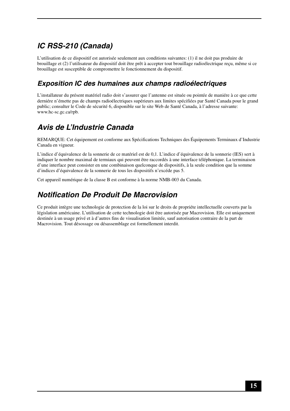 Ic rss-210 (canada), Avis de l’industrie canada, Notification de produit de macrovision | Sony VGN-FJ300 User Manual | Page 15 / 24