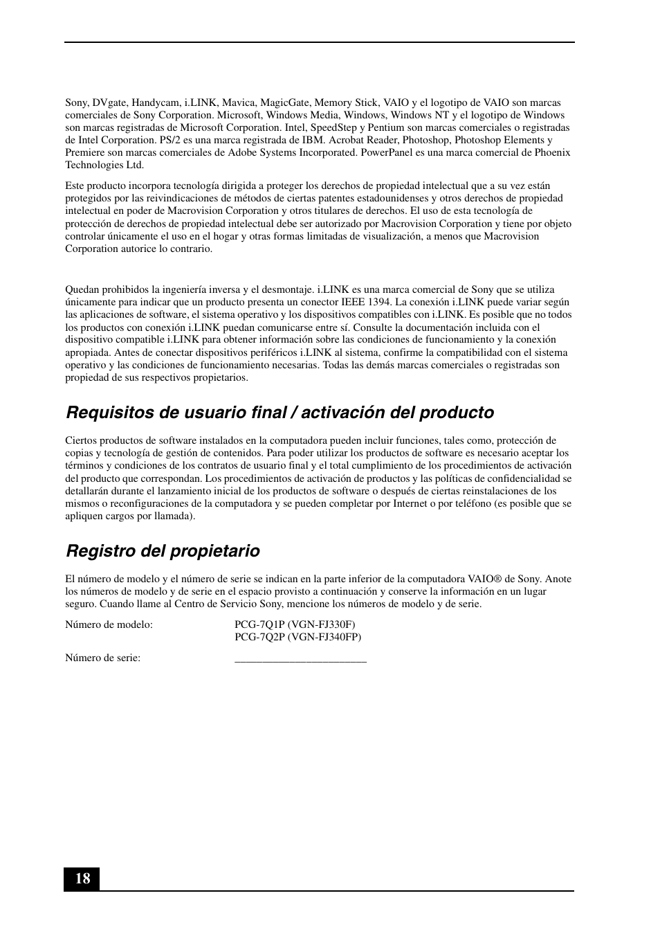 Registro del propietario | Sony VGN-FJ300 User Manual | Page 18 / 24