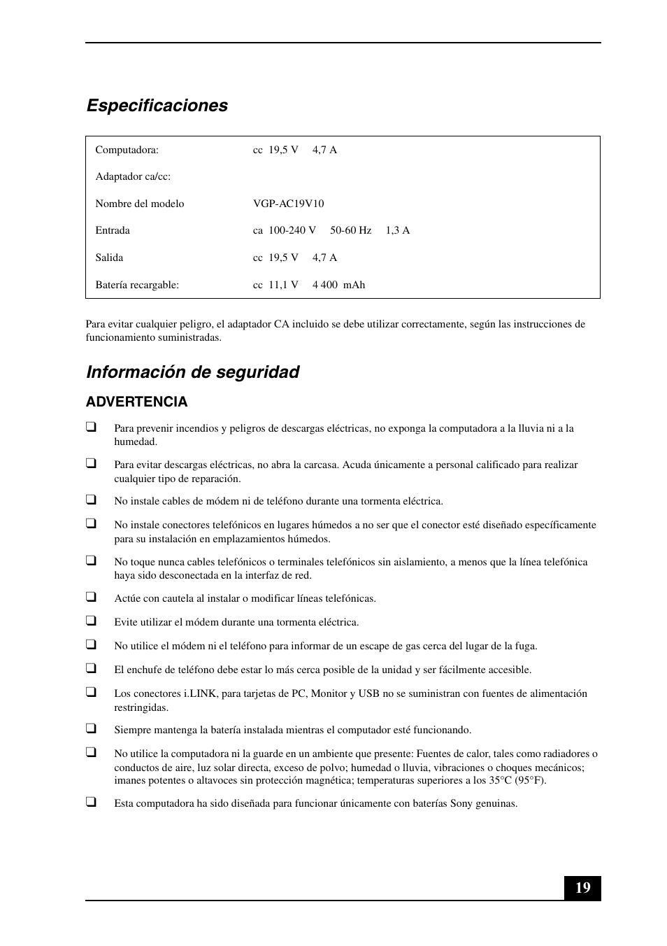 Especificaciones, Información de seguridad | Sony VGN-FJ300 User Manual | Page 19 / 24