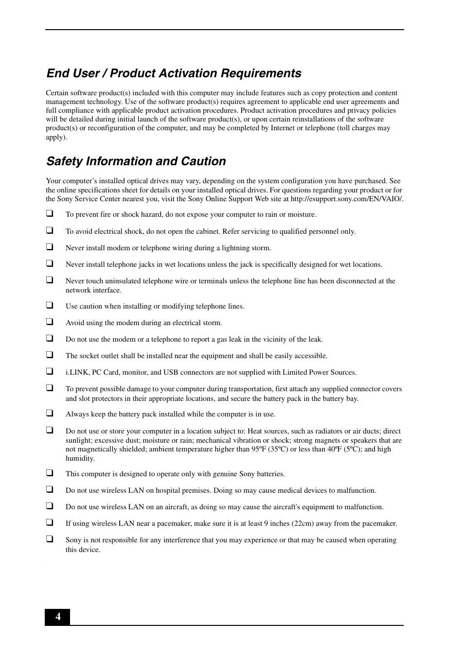 End user / product activation requirements, Safety information and caution | Sony VGN-FJ300 User Manual | Page 4 / 24