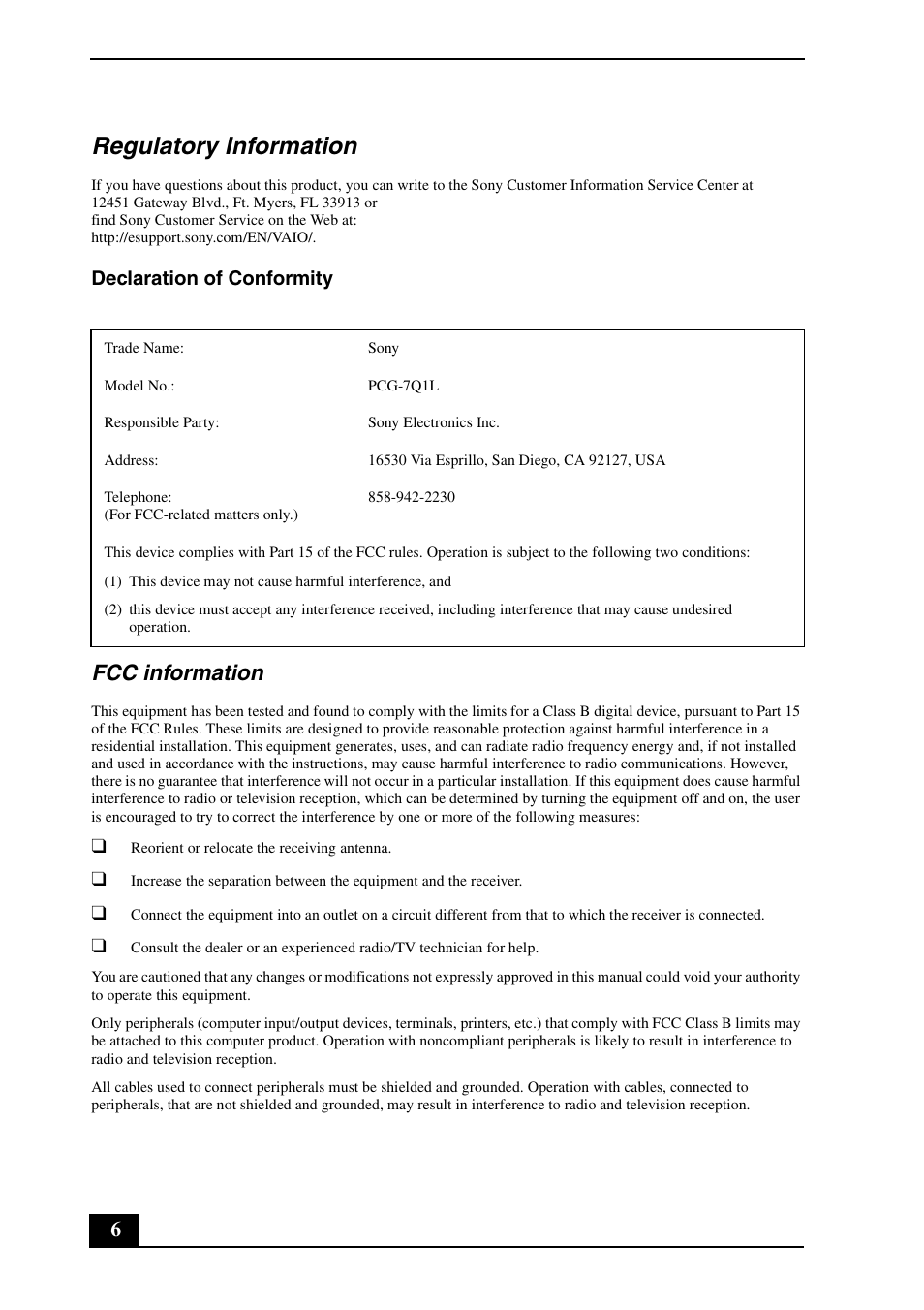 Regulatory information, Fcc information, Declaration of conformity | Sony VGN-FJ300 User Manual | Page 6 / 24