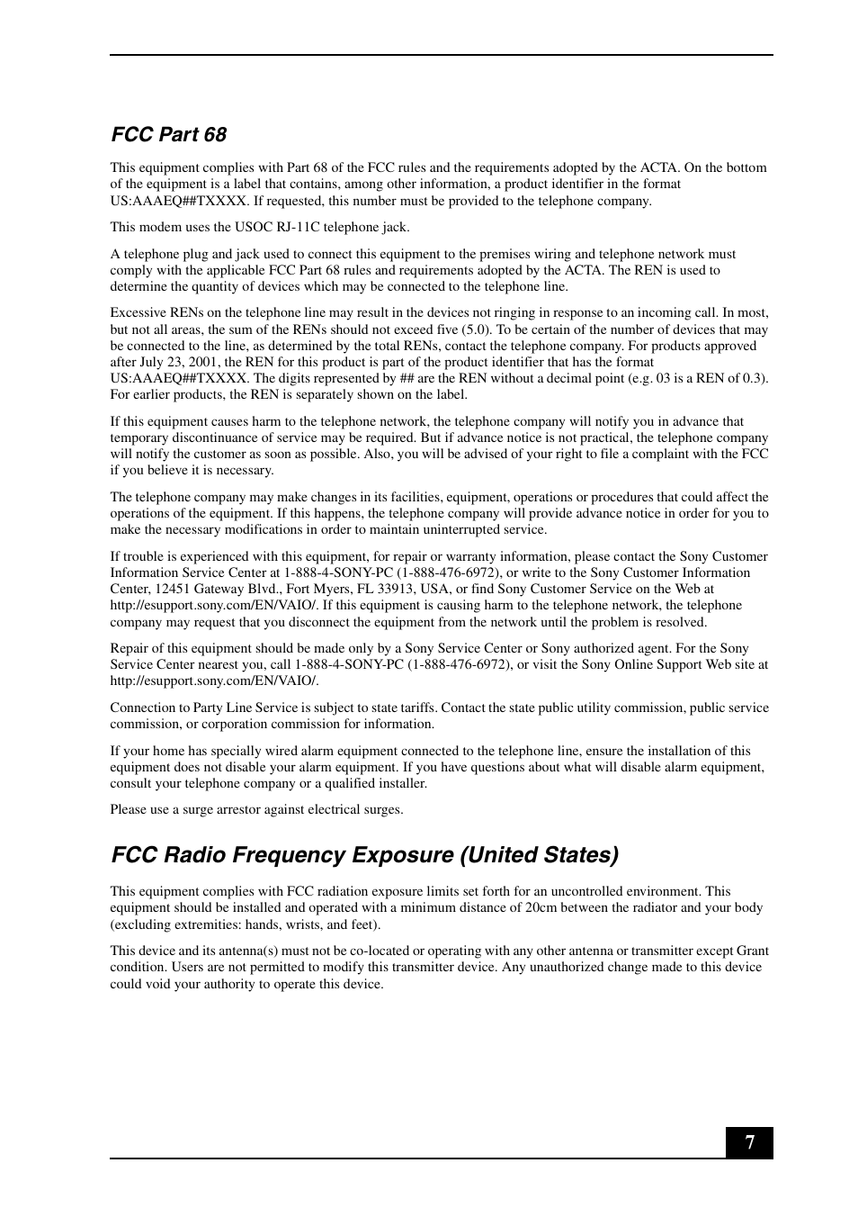 Fcc radio frequency exposure (united states), 7fcc part 68 | Sony VGN-FJ300 User Manual | Page 7 / 24