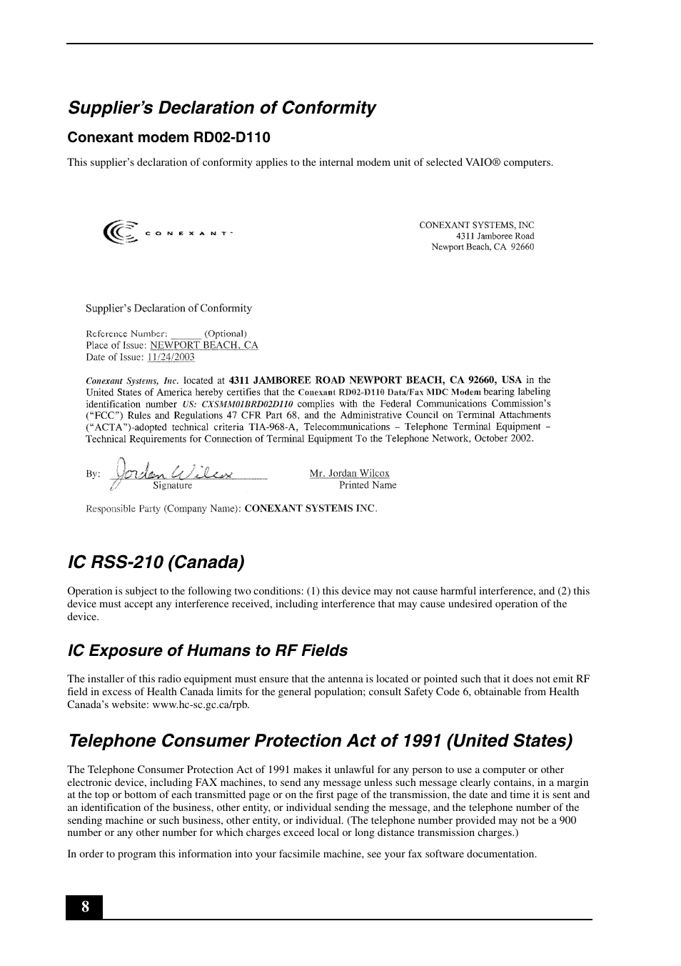 Supplier’s declaration of conformity, Ic rss-210 (canada) | Sony VGN-FJ300 User Manual | Page 8 / 24