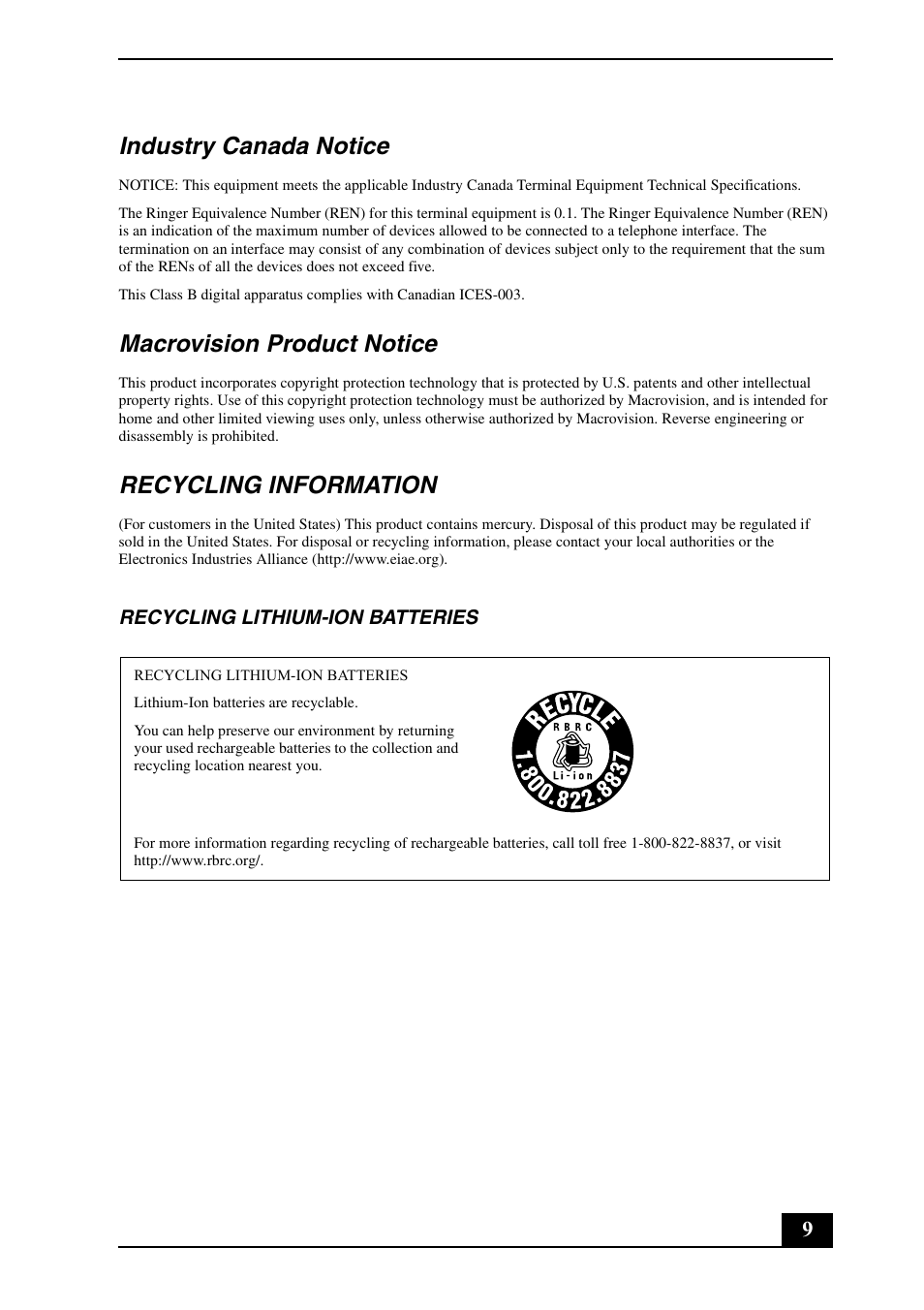 Industry canada notice, Macrovision product notice, Recycling information | Sony VGN-FJ300 User Manual | Page 9 / 24