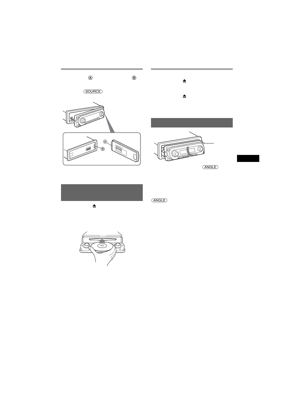 Installation de la façade, Insertion du disque dans le lecteur, Éjection du disque | Réglage de l’angle de la façade | Sony CDX-M7810 User Manual | Page 23 / 60