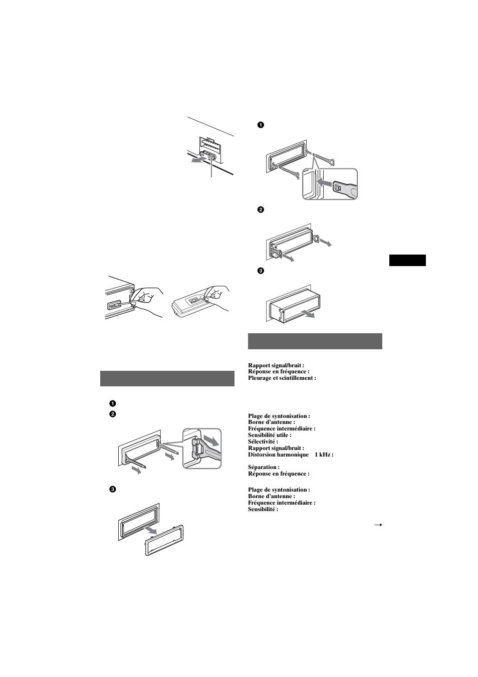 Démontage de l’appareil, Caractéristiques techniques | Sony CDX-M7810 User Manual | Page 35 / 60