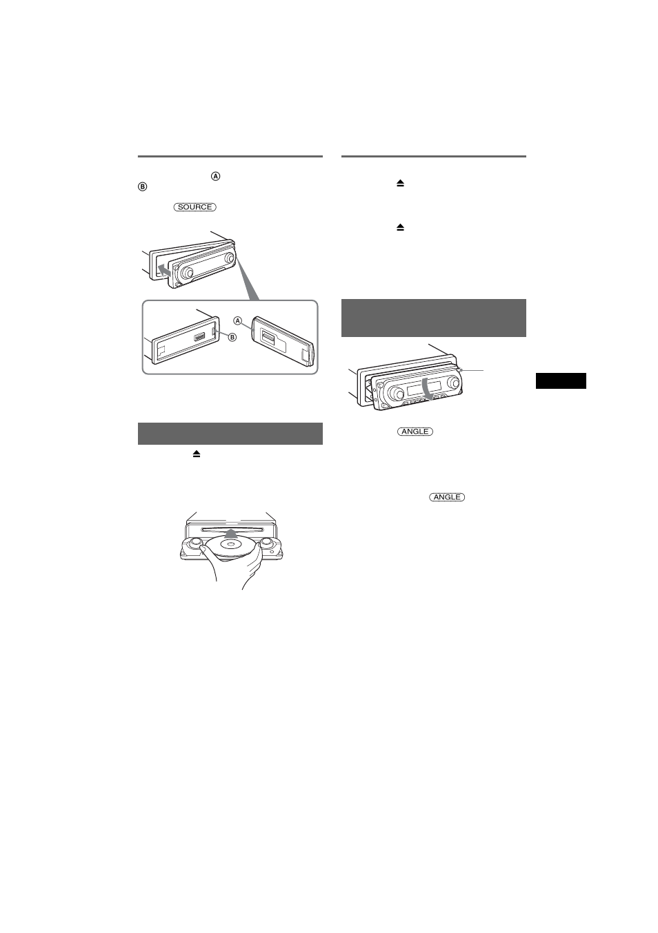 Instalación del panel frontal, Inserción del disco en la unidad, Expulsión del disco | Ajuste del ángulo del panel frontal | Sony CDX-M7810 User Manual | Page 43 / 60