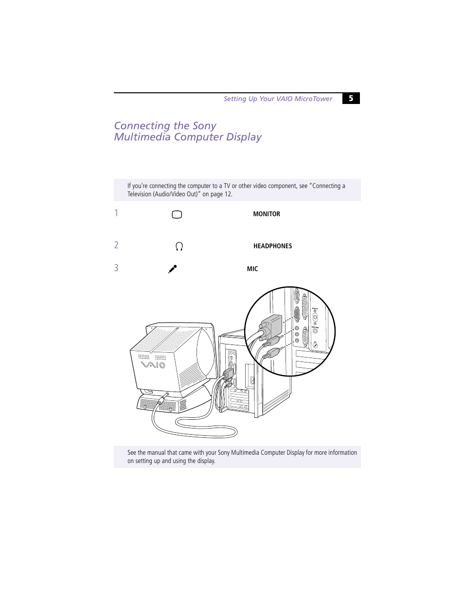 Connecting the sony multimedia computer display | Sony VAIO MicroTower User Manual | Page 13 / 100