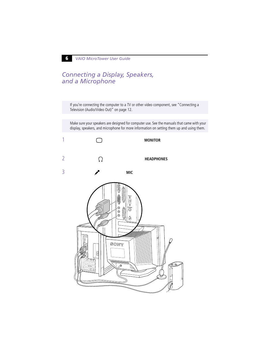 Connecting a display, speakers, and a microphone | Sony VAIO MicroTower User Manual | Page 14 / 100