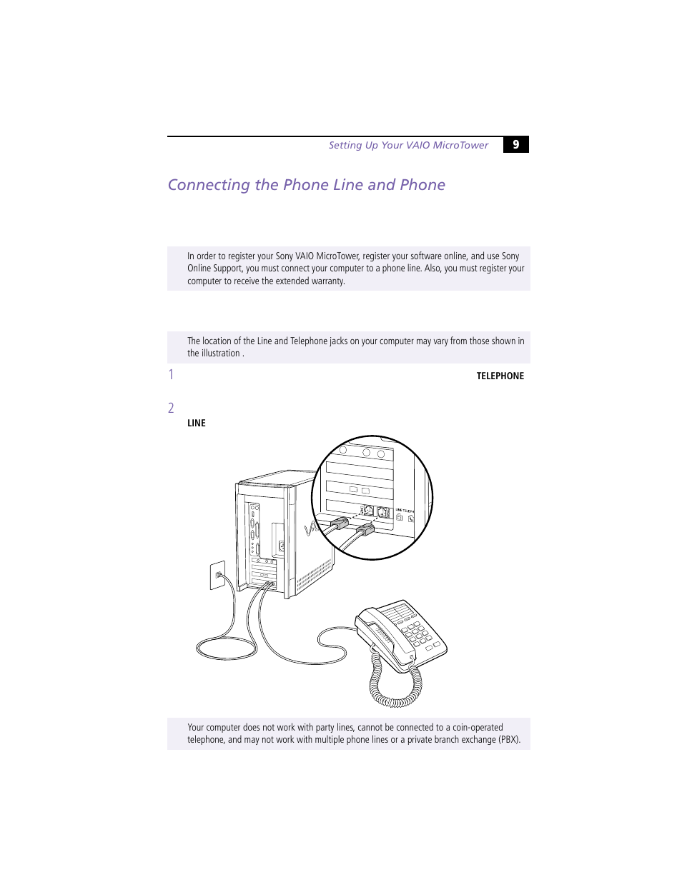 Connecting the phone line and phone | Sony VAIO MicroTower User Manual | Page 17 / 100