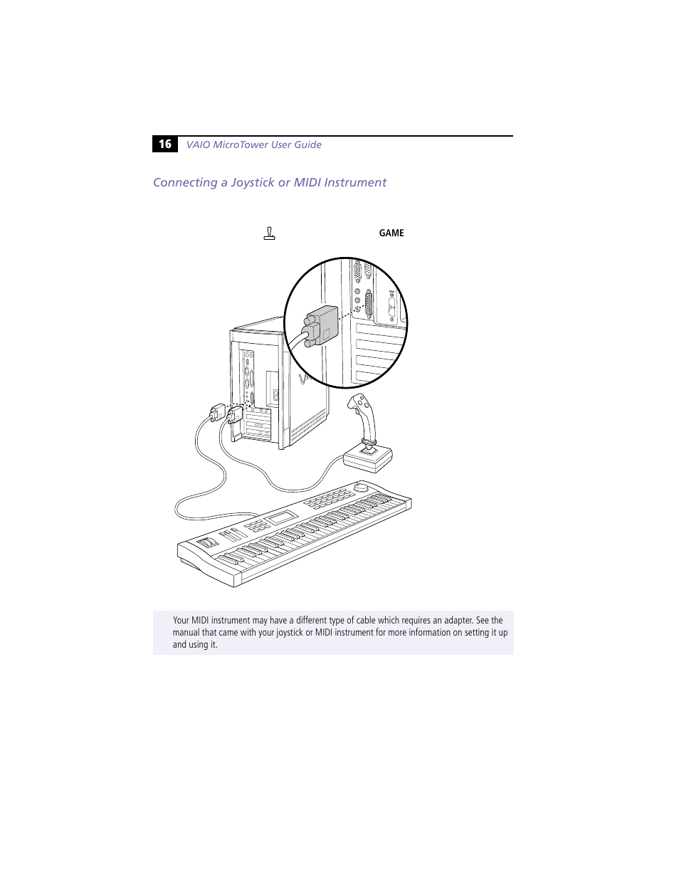 Connecting a joystick or midi instrument | Sony VAIO MicroTower User Manual | Page 24 / 100