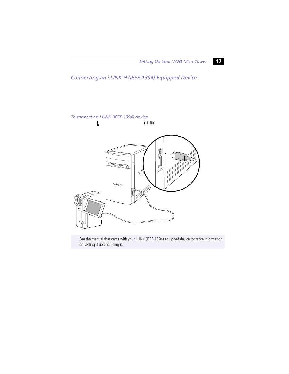 Connecting an i.link™ (ieee-1394) equipped device | Sony VAIO MicroTower User Manual | Page 25 / 100