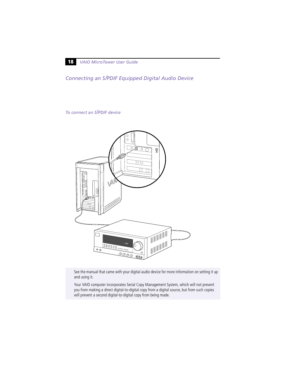 Connecting an s/pdif equipped digital audio device | Sony VAIO MicroTower User Manual | Page 26 / 100