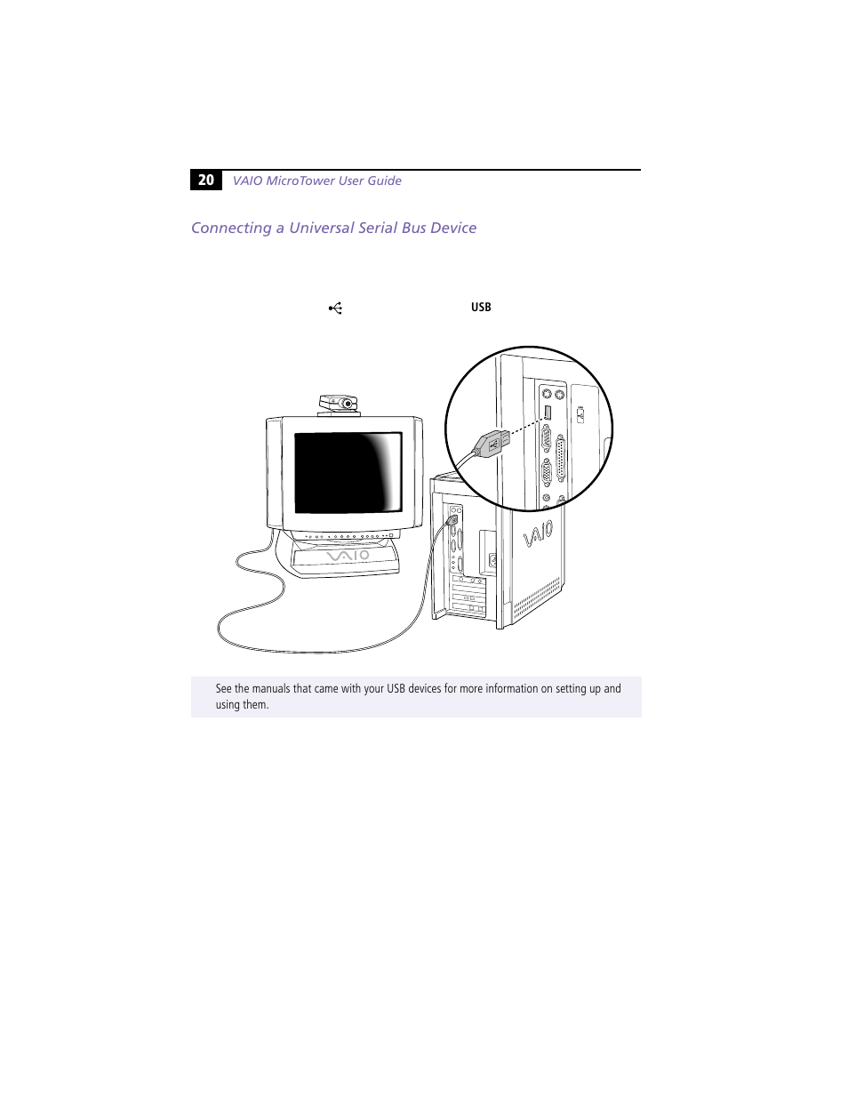 Connecting a universal serial bus device | Sony VAIO MicroTower User Manual | Page 28 / 100