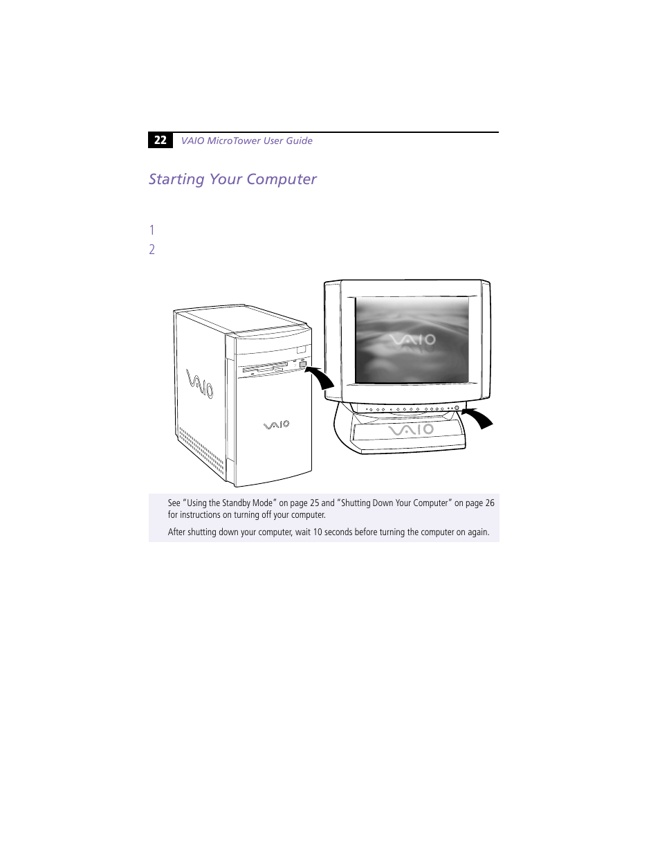 Starting your computer | Sony VAIO MicroTower User Manual | Page 30 / 100