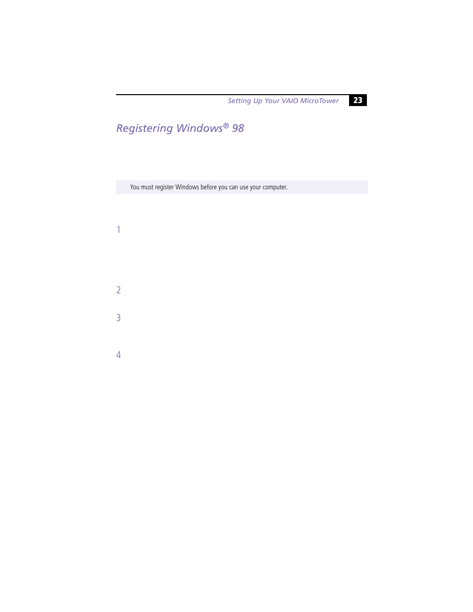 Registering windows® 98, Registering windows | Sony VAIO MicroTower User Manual | Page 31 / 100