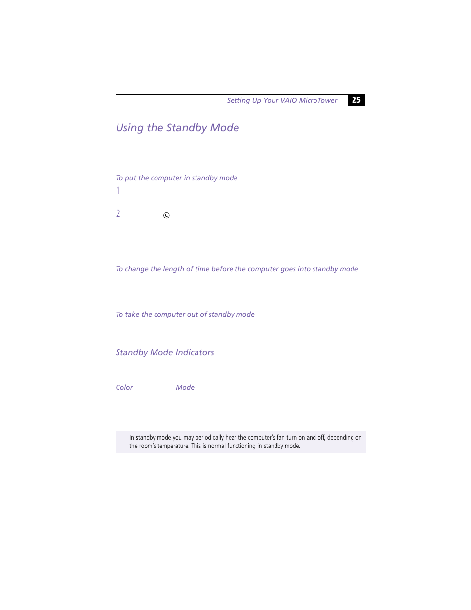 Using the standby mode, Standby mode indicators, Using the standby function | Sony VAIO MicroTower User Manual | Page 33 / 100