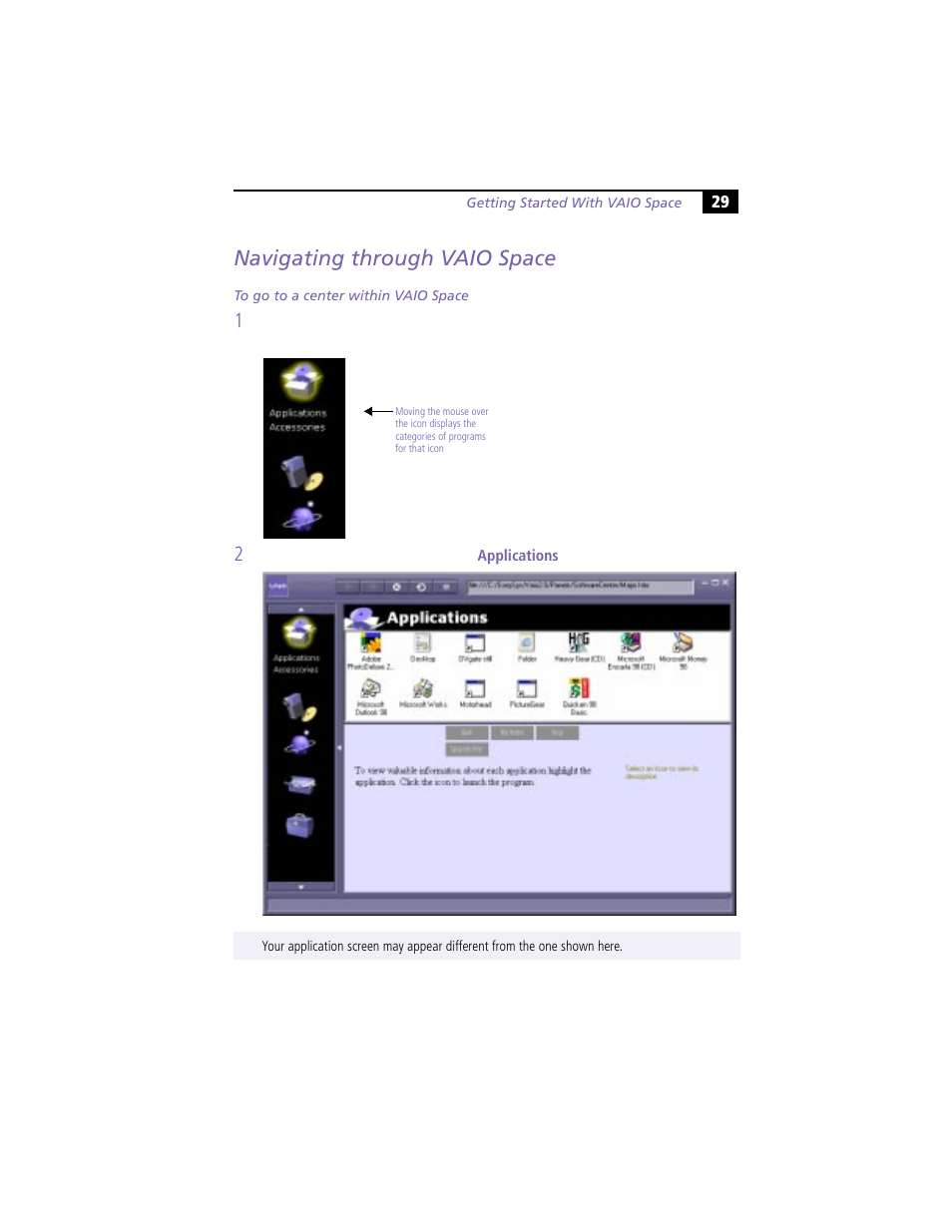 Navigating through vaio space | Sony VAIO MicroTower User Manual | Page 37 / 100