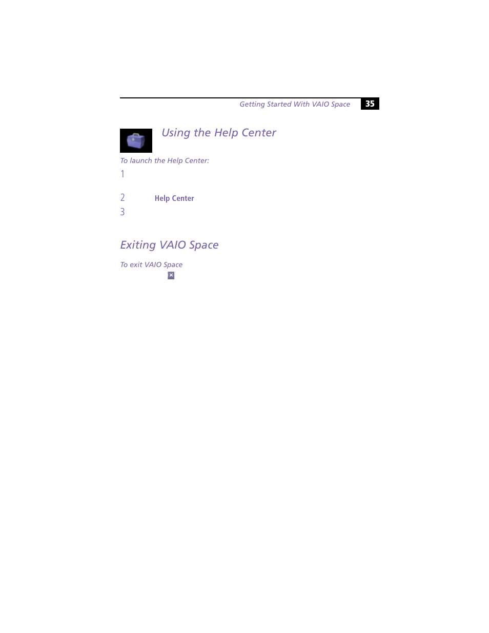 Using the help center, Exiting vaio space, Using the help center exiting vaio space | Sony VAIO MicroTower User Manual | Page 43 / 100