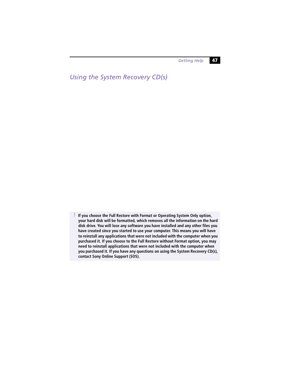 Using the system recovery cd(s) | Sony VAIO MicroTower User Manual | Page 55 / 100