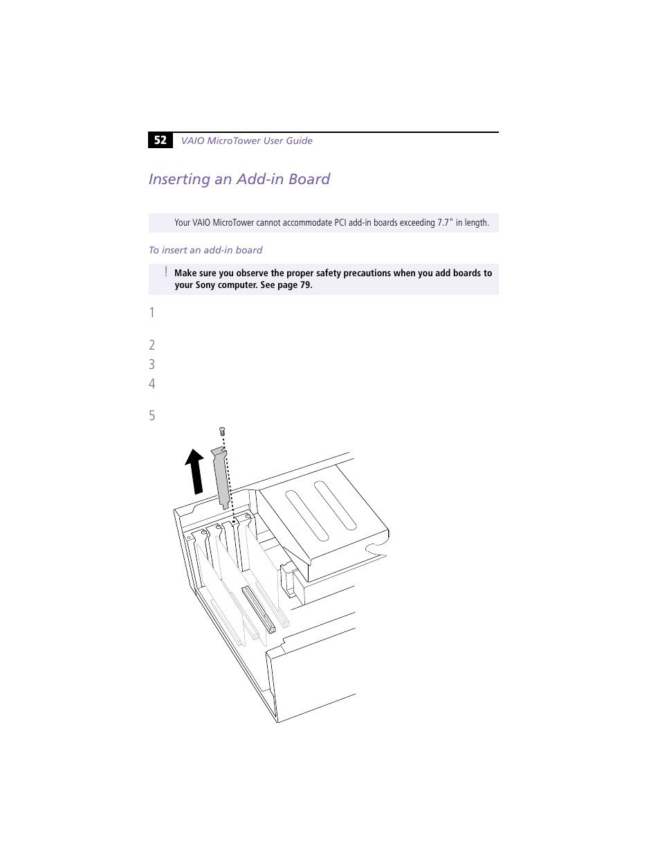 Inserting an add-in board | Sony VAIO MicroTower User Manual | Page 60 / 100