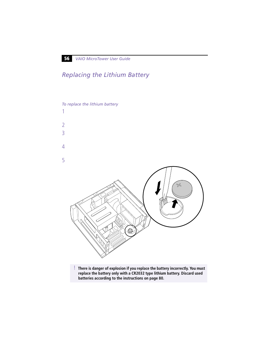 Replacing the lithium battery | Sony VAIO MicroTower User Manual | Page 64 / 100