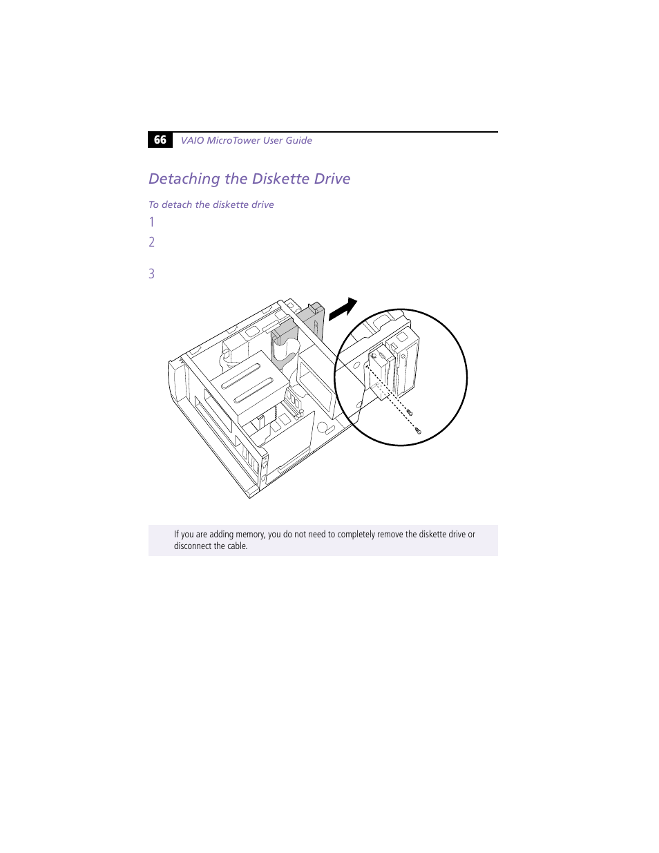 Detaching the diskette drive | Sony VAIO MicroTower User Manual | Page 74 / 100