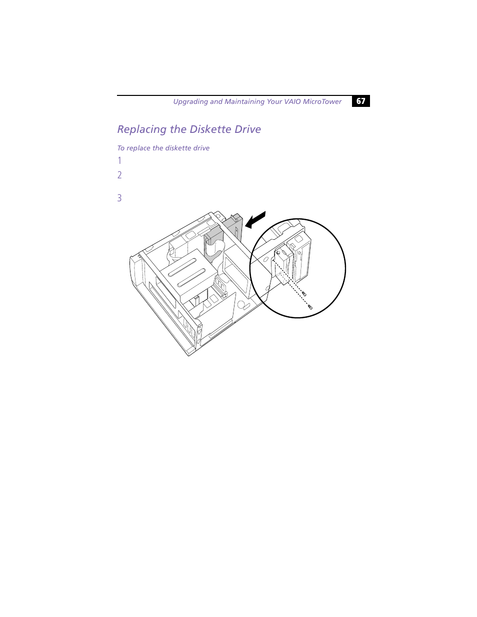 Replacing the diskette drive | Sony VAIO MicroTower User Manual | Page 75 / 100