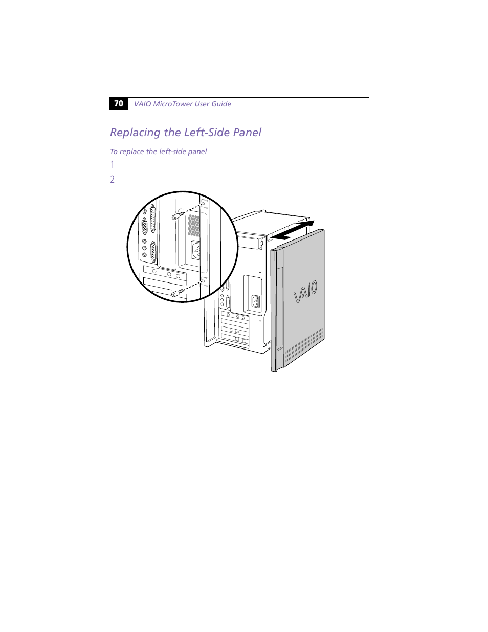 Replacing the left-side panel | Sony VAIO MicroTower User Manual | Page 78 / 100