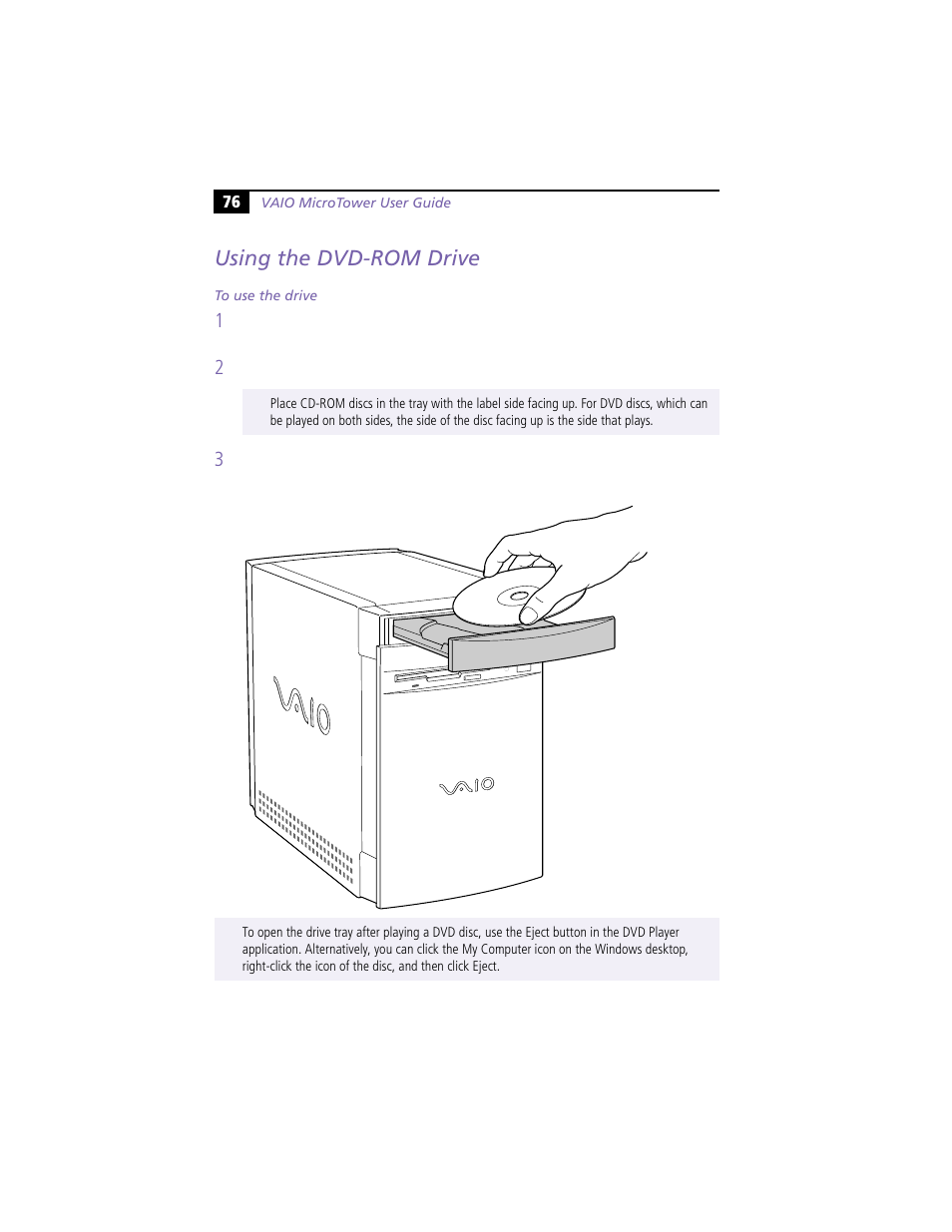 Using the dvd-rom drive | Sony VAIO MicroTower User Manual | Page 84 / 100