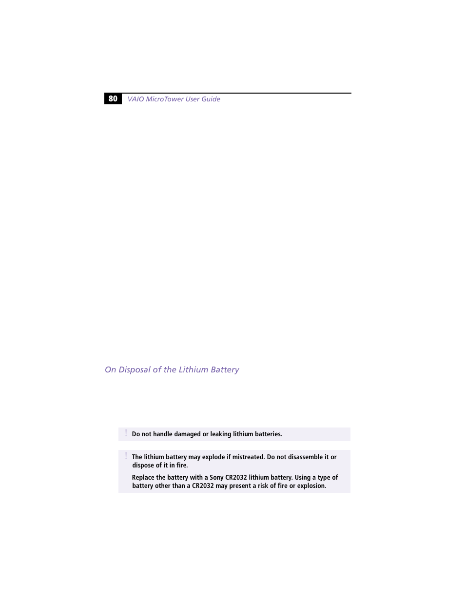 On disposal of the lithium battery | Sony VAIO MicroTower User Manual | Page 88 / 100