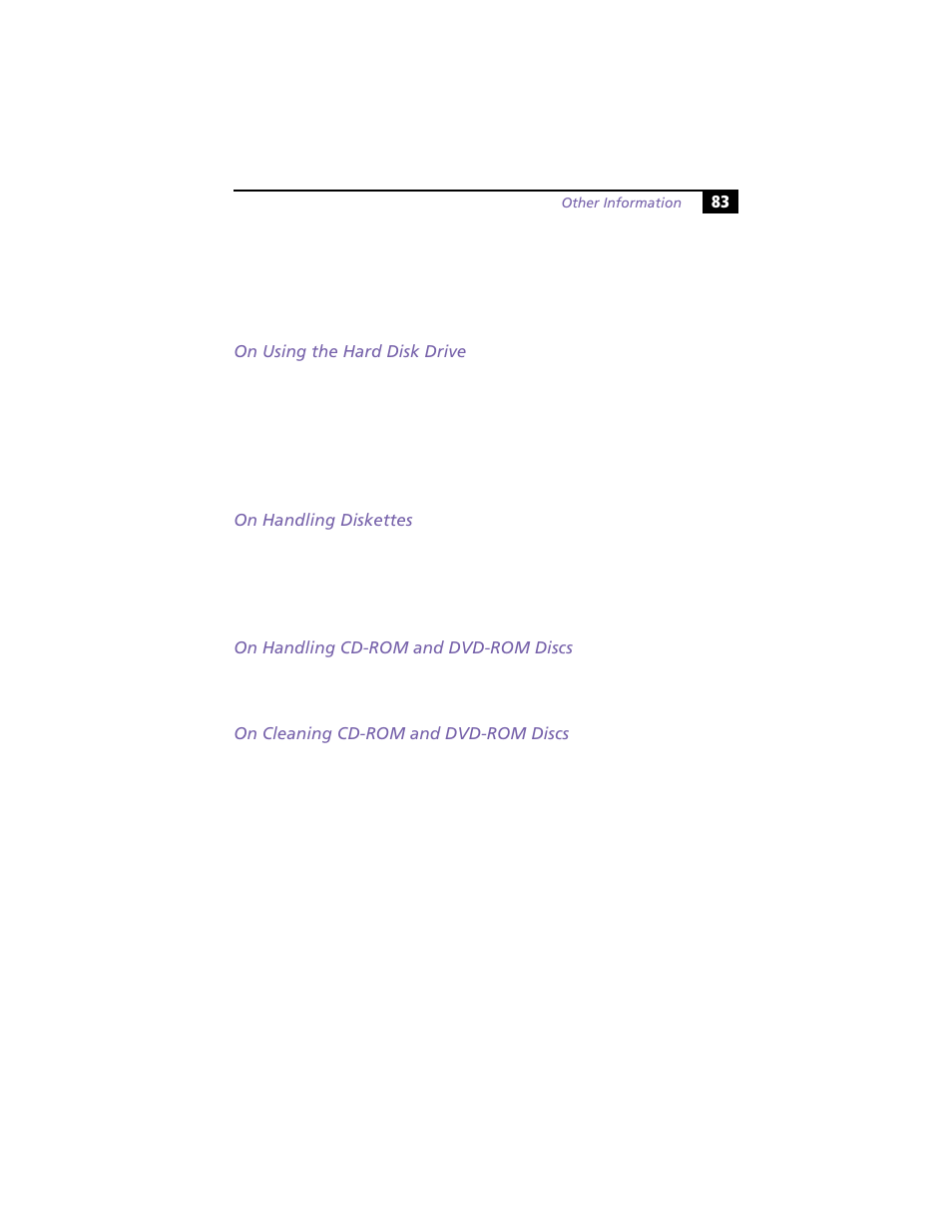 On using the hard disk drive, On handling diskettes, On handling cd-rom and dvd-rom discs | On cleaning cd-rom and dvd-rom discs | Sony VAIO MicroTower User Manual | Page 91 / 100