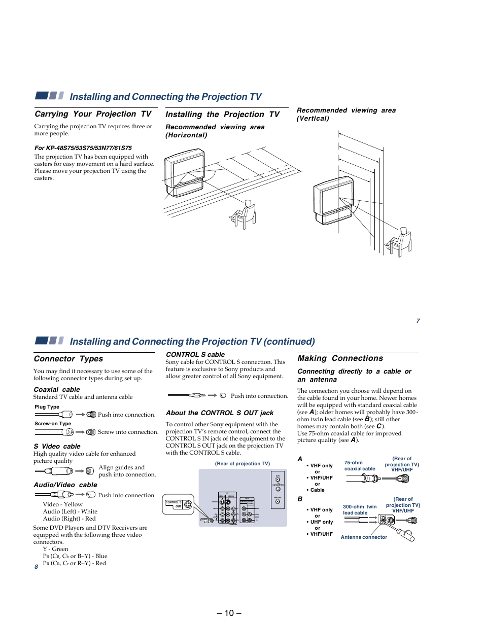 Installing and connecting the projection tv | Sony KP 48S75 User Manual | Page 10 / 100