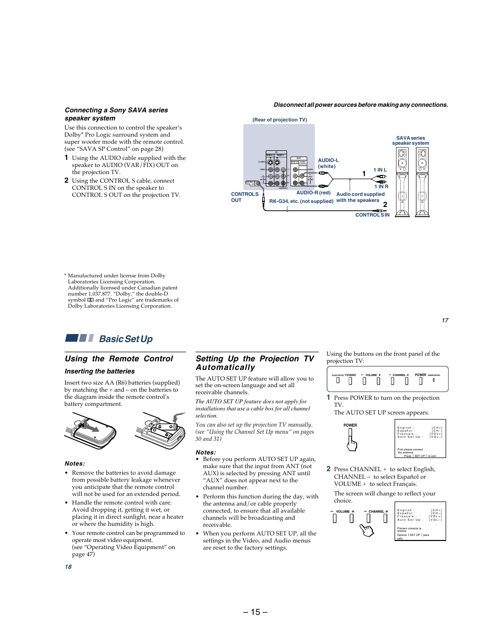 Basic set up, S video control s out video audio l r video (mono), Var/fix) y pb pr r l (mono) audio component | Sony KP 48S75 User Manual | Page 15 / 100