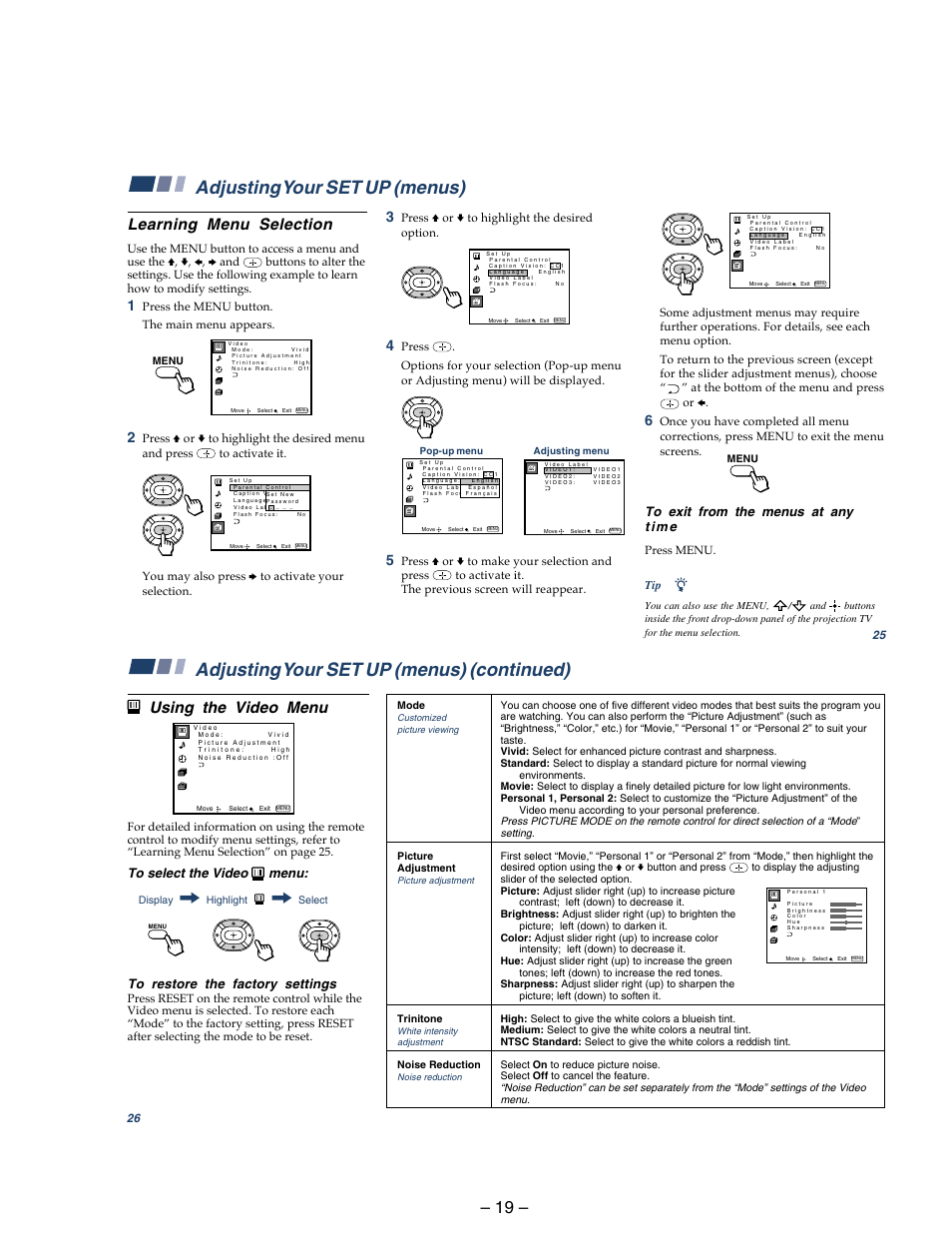 Adjusting your set up (menus), Adjusting your set up (menus) (continued) | Sony KP 48S75 User Manual | Page 19 / 100