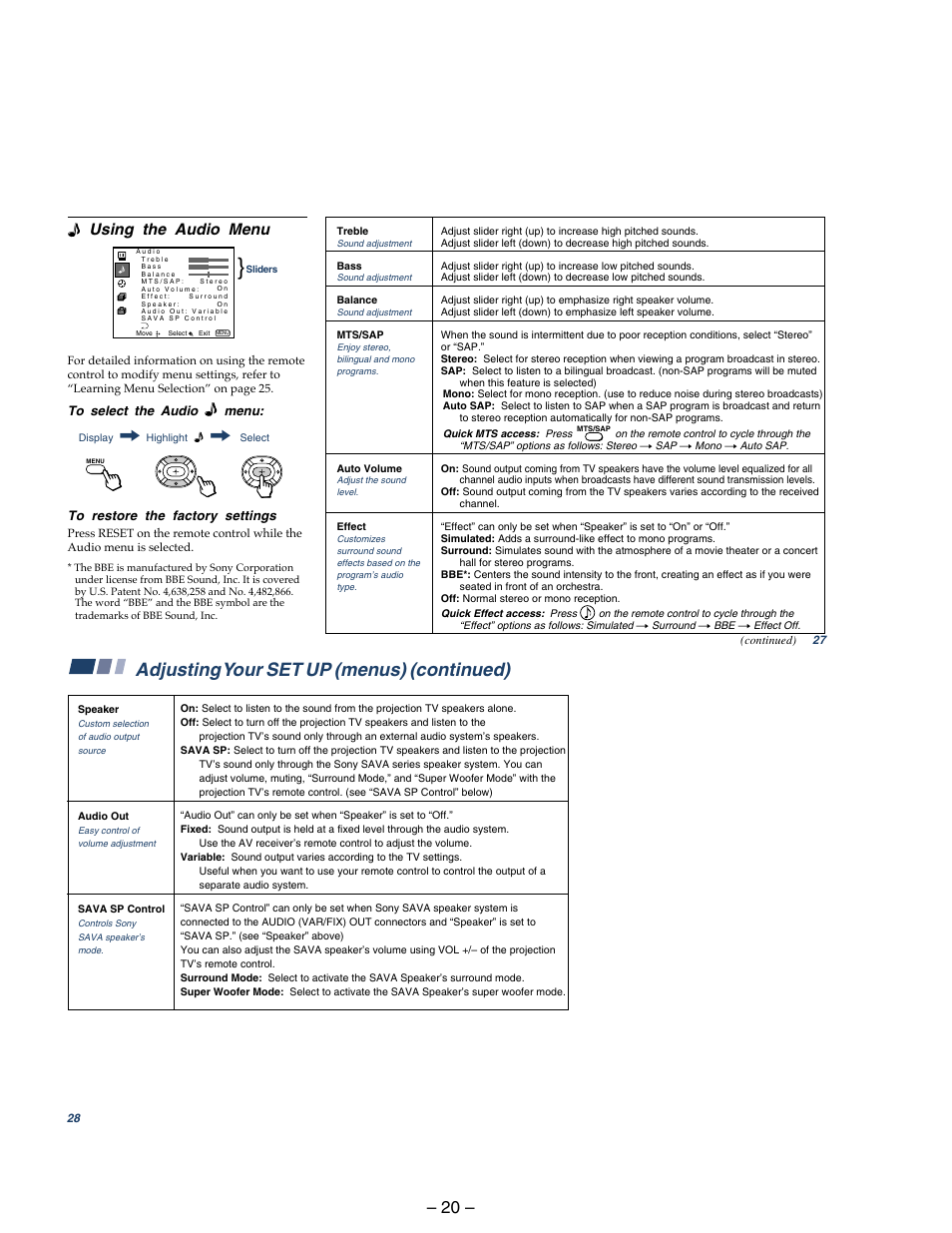 Adjusting your set up (menus) (continued) | Sony KP 48S75 User Manual | Page 20 / 100