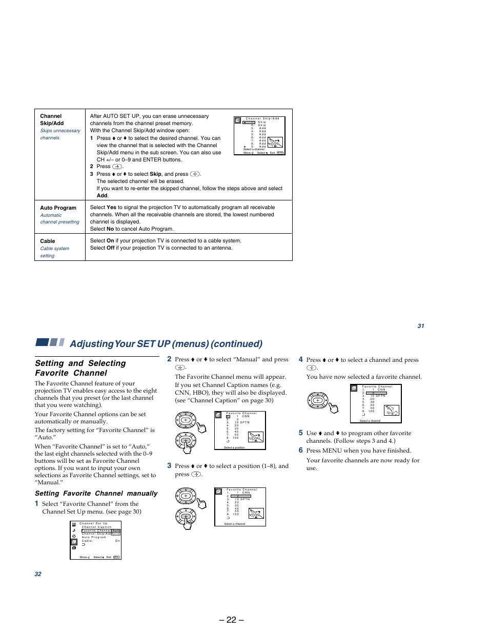 Adjusting your set up (menus) (continued), Setting and selecting favorite channel | Sony KP 48S75 User Manual | Page 22 / 100