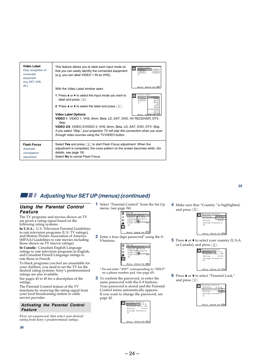 Adjusting your set up (menus) (continued), Using the parental control feature | Sony KP 48S75 User Manual | Page 24 / 100