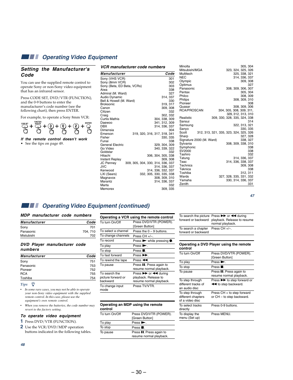 Operating video equipment, Operating video equipment (continued) | Sony KP 48S75 User Manual | Page 30 / 100