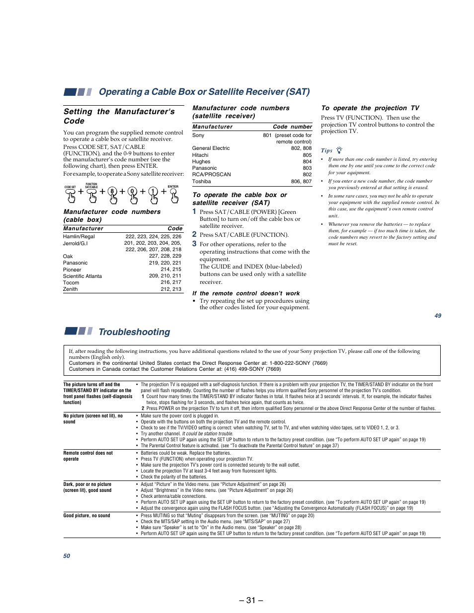 Operating a cable box or satellite receiver (sat), Troubleshooting | Sony KP 48S75 User Manual | Page 31 / 100