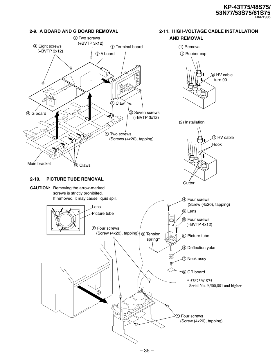 9. a board and g board removal, 10. picture tube removal, 11. high-voltage cable installation and removal | Sony KP 48S75 User Manual | Page 35 / 100