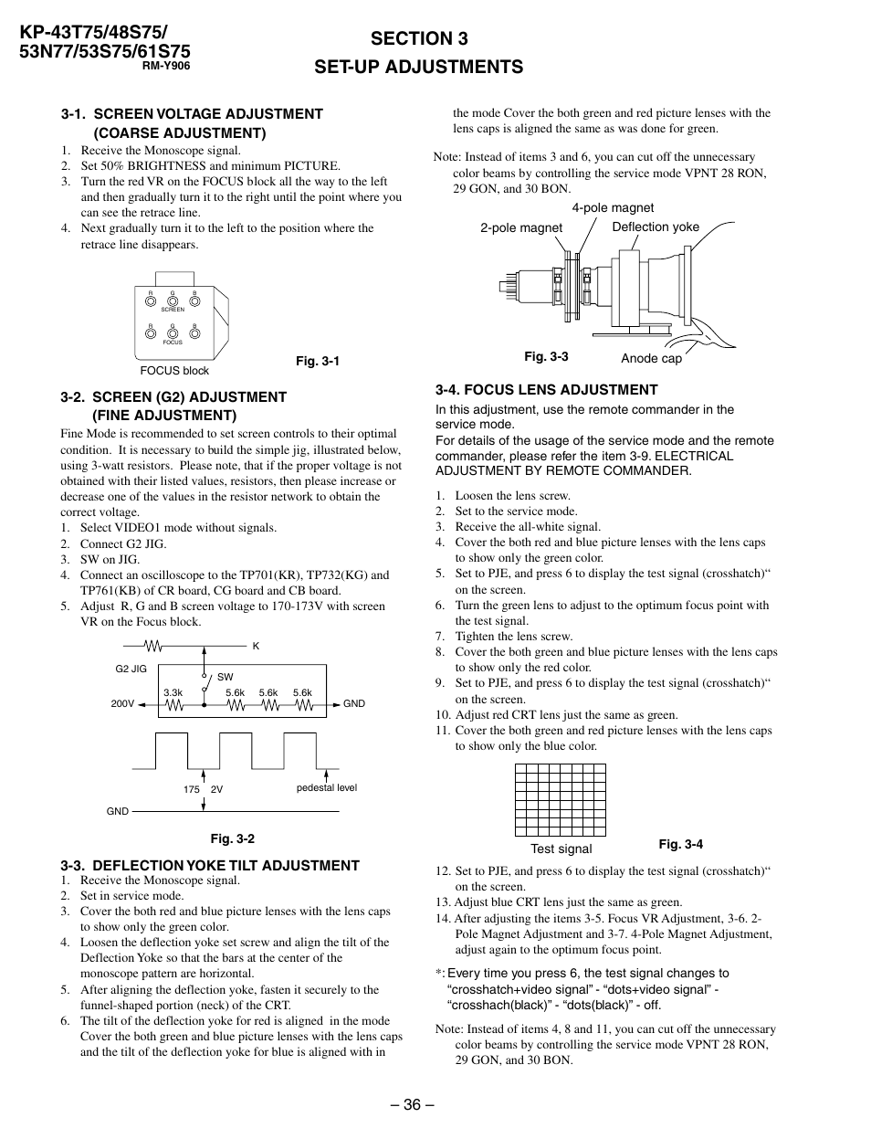 Set-up adjustments, 1. screen voltage adjustment (coarse adjustment), 2. screen (g2) adjustment (fine adjustment) | 3. deflection yoke tilt adjustment, 4. focus lens adjustment | Sony KP 48S75 User Manual | Page 36 / 100