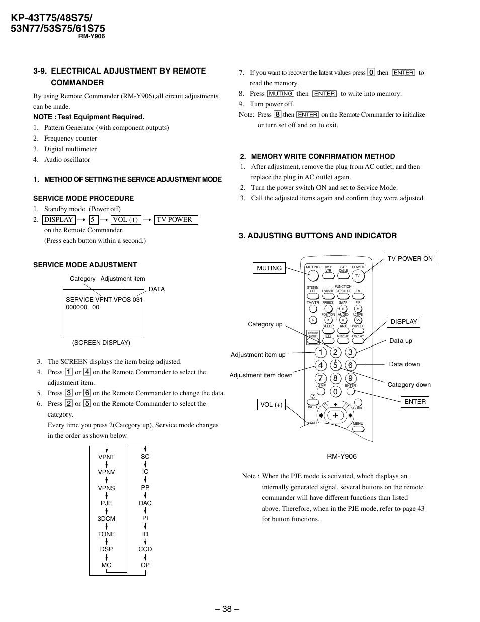 9. electrical adjustment by remote commander | Sony KP 48S75 User Manual | Page 38 / 100