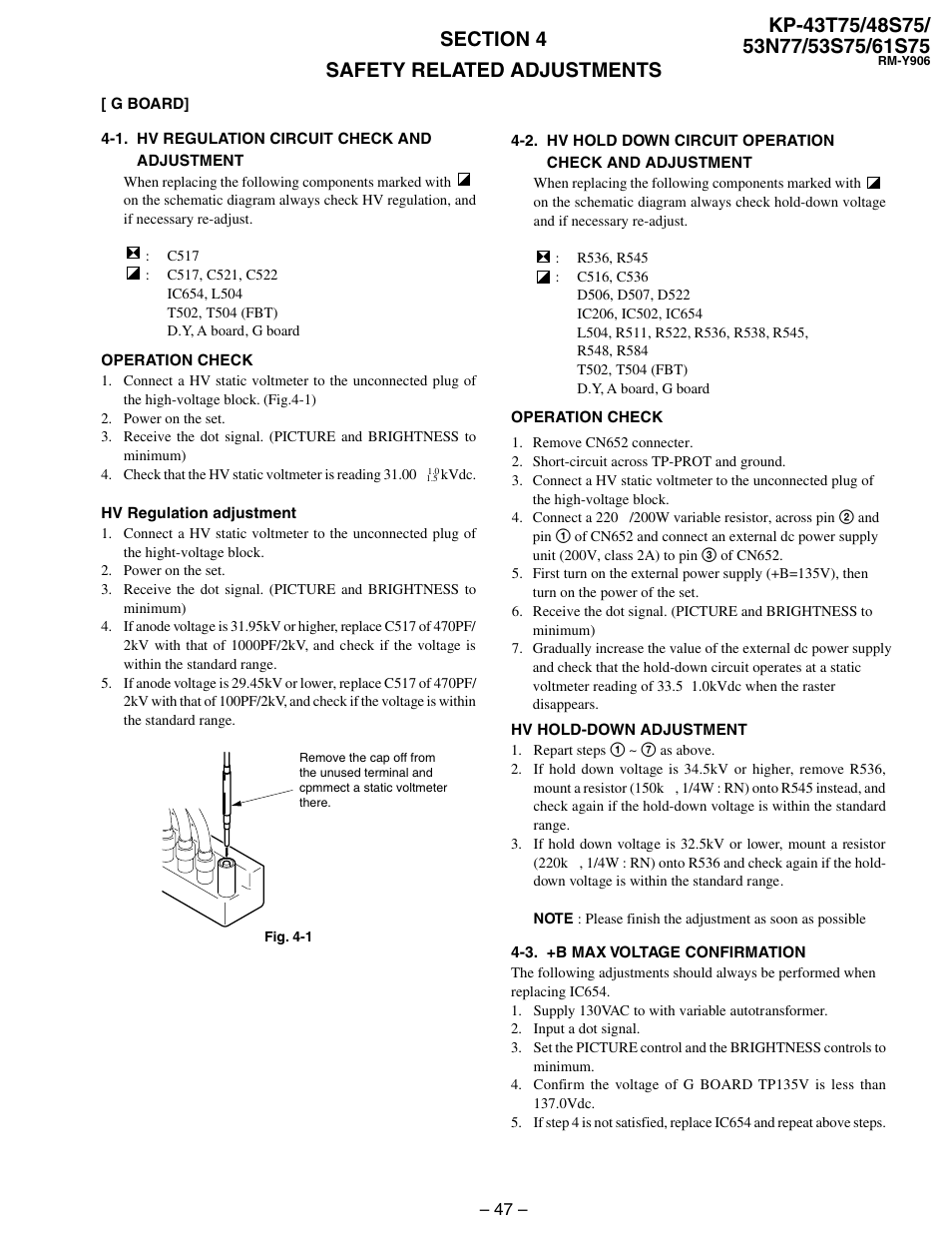 Safety related adjustments, 1. hv regulation circuit check and adjustment, 3. +b max voltage confirmation | Sony KP 48S75 User Manual | Page 47 / 100