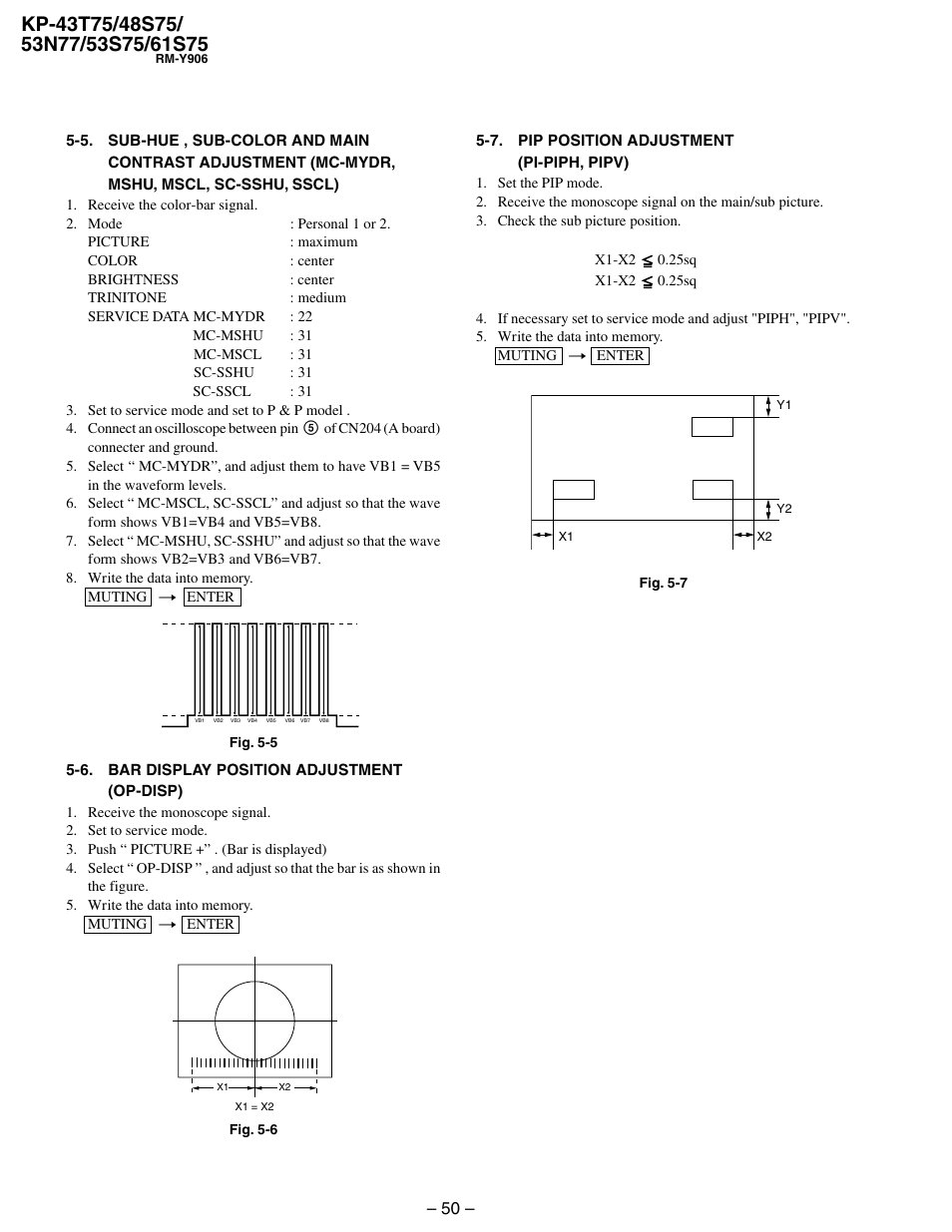 6. bar display position adjustment (op-disp), 7. pip position adjustment (pi-piph, pipv) | Sony KP 48S75 User Manual | Page 50 / 100