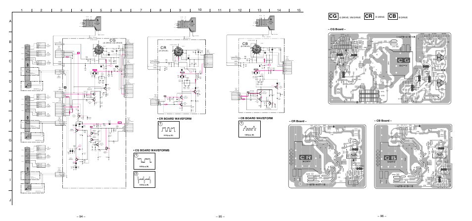 Cr, cg, cb board (circuit/mt), Cb board – – cg board – – cr board, Cg board waveforms | Cr board waveform, Cb board waveform, R drive [ ] g drive, vm drive [ ] b drive | Sony KP 48S75 User Manual | Page 64 / 100